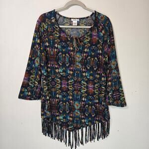 Isela Women's Tunic Style With Hem Fringe. Multi Color. Size Large.